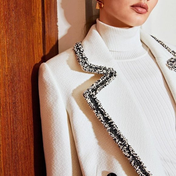 WHITE PREPPY WOMENS CONTRAST BINDING OVERSIZED BLAZER - Picture 2 of 5